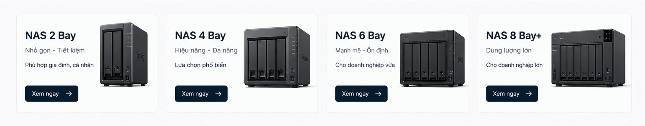 Danh mục: NAS 2 Bay nhỏ gọn tiết kiệm; NAS 4 Bay hiệu năng đa năng; NAS 6 Bay mạnh mẽ ổn định; NAS 8 Bay+ dung lượng lớn – Xem ngay