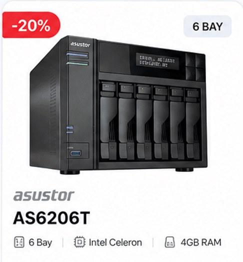 Asustor AS6206T – 6 Bay, Intel Celeron, 4GB RAM, giảm 20%