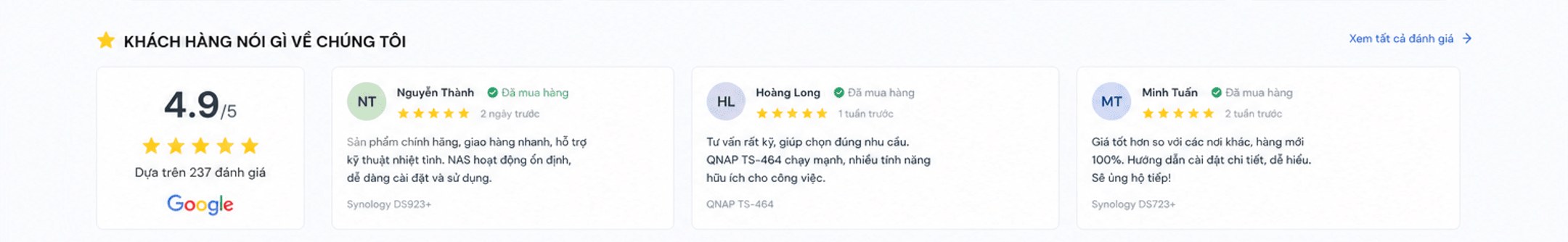 Khách hàng nói gì về chúng tôi – 4.9/5 dựa trên 237 đánh giá Google; Nguyễn Thành, Hoàng Long, Minh Tuấn – đã mua hàng
