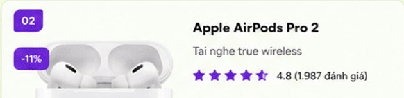 Apple AirPods Pro 2 – tai nghe true wireless, 4.8 sao (1.987 đánh giá), giảm 11%