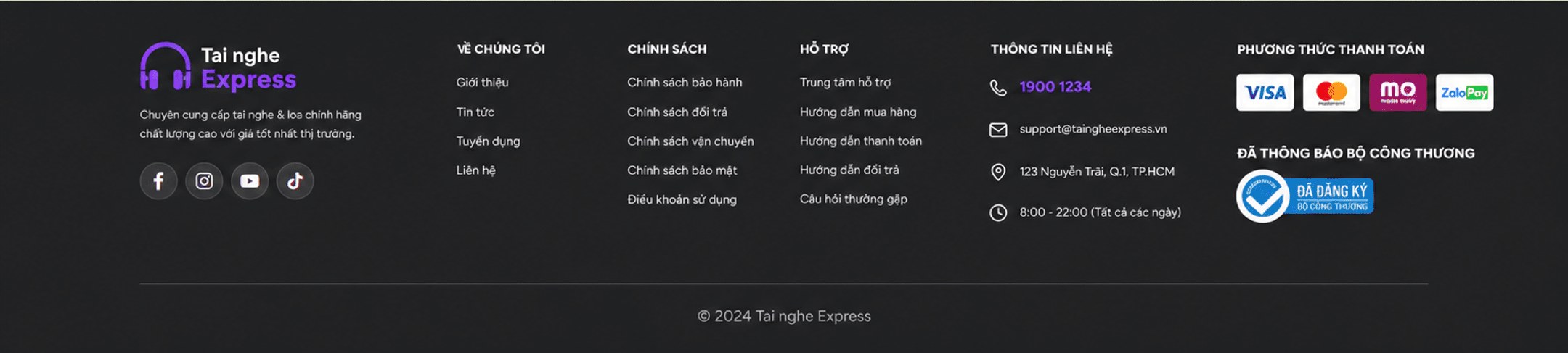 Tai nghe Express – chân trang: về chúng tôi, chính sách, hỗ trợ, thông tin liên hệ 1900 1234, phương thức thanh toán, đã đăng ký Bộ Công Thương, © 2024