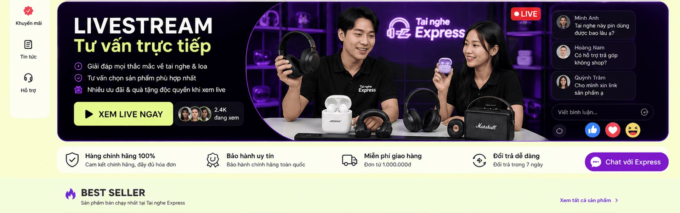 Livestream tư vấn trực tiếp – giải đáp thắc mắc, tư vấn chọn sản phẩm, ưu đãi độc quyền; cam kết chính hãng, bảo hành uy tín, miễn phí giao hàng, đổi trả dễ dàng; tiêu đề Best Seller