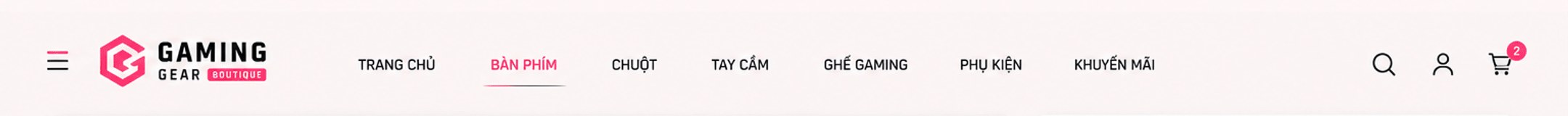 Menu Gaming Gear Boutique: Trang chủ, Bàn phím, Chuột, Tay cầm, Ghế gaming, Phụ kiện, Khuyến mãi