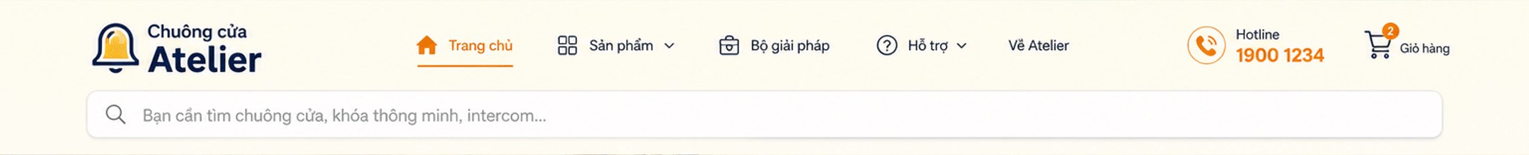 Chuông cửa Atelier – menu: Trang chủ, Sản phẩm, Bộ giải pháp, Hỗ trợ, Về Atelier; hotline 1900 1234; giỏ hàng; ô tìm chuông cửa, khóa thông minh, intercom
