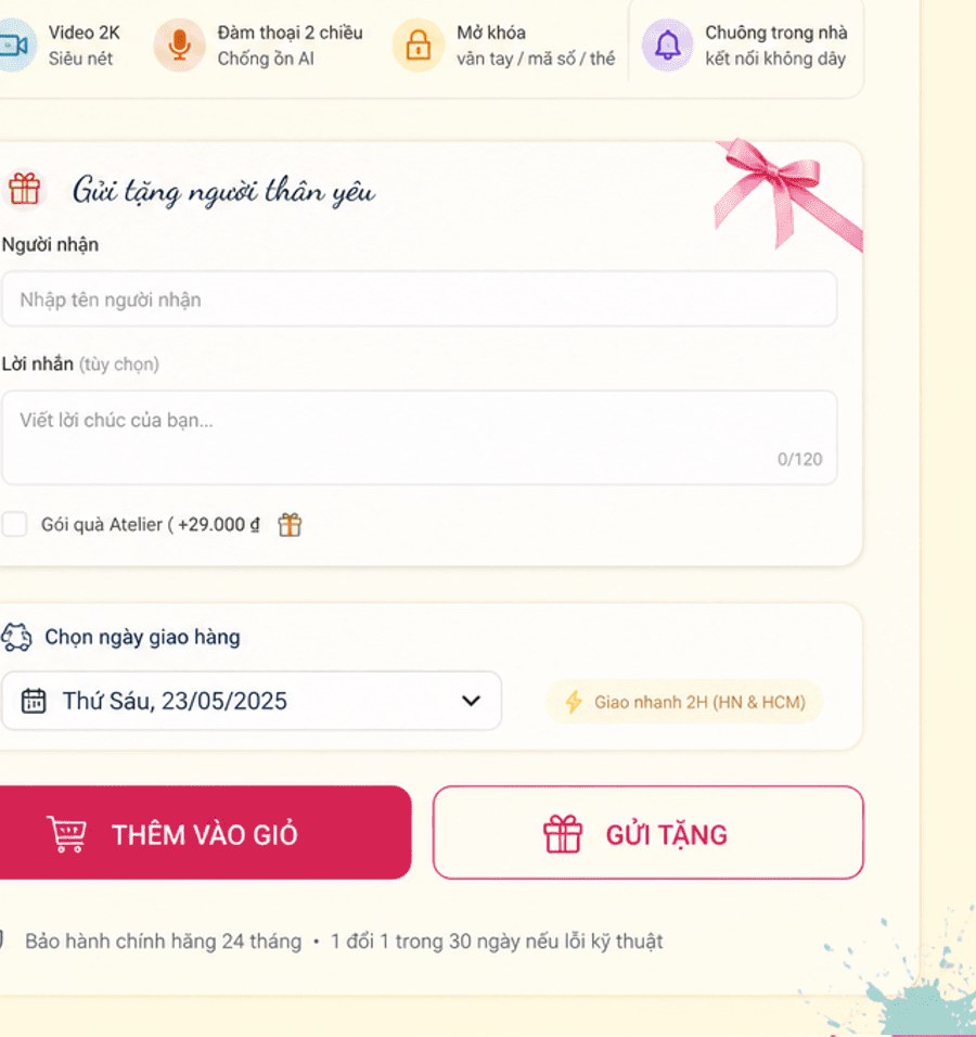 Thông số và tuỳ chọn mua: Video 2K, đàm thoại 2 chiều, mở khóa đa phương thức, gửi tặng, ngày giao hàng, bảo hành