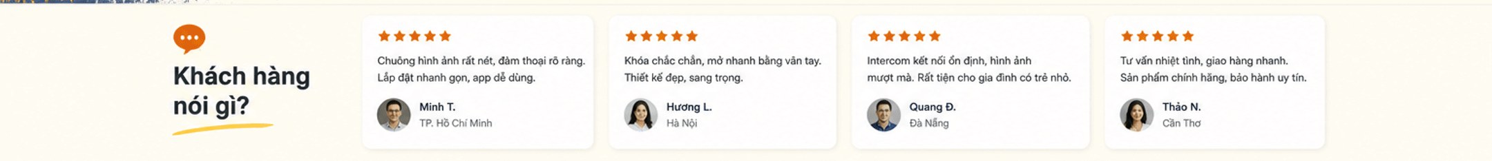 Khách hàng nói gì: Minh T. (TP. Hồ Chí Minh), Hương L. (Hà Nội), Quang Đ. (Đà Nẵng), Thảo N. (Cần Thơ) – 5 sao