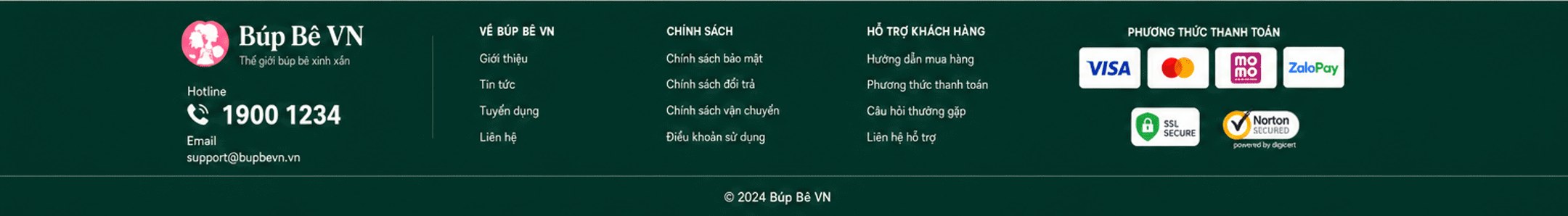 Búp Bê VN – chân trang: về Búp Bê VN, chính sách, hỗ trợ khách hàng, hotline 1900 1234, phương thức thanh toán, © 2024