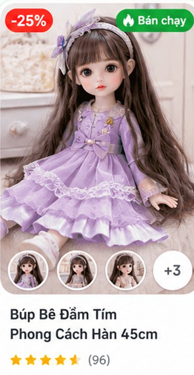 Búp Bê Đầm Tím Phong Cách Hàn 45cm