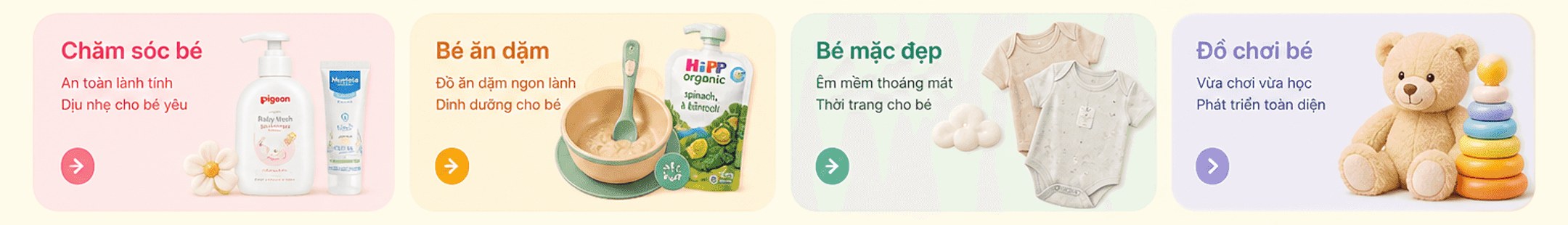 Bốn danh mục: Chăm sóc bé, Bé ăn dặm, Bé mặc đẹp, Đồ chơi bé