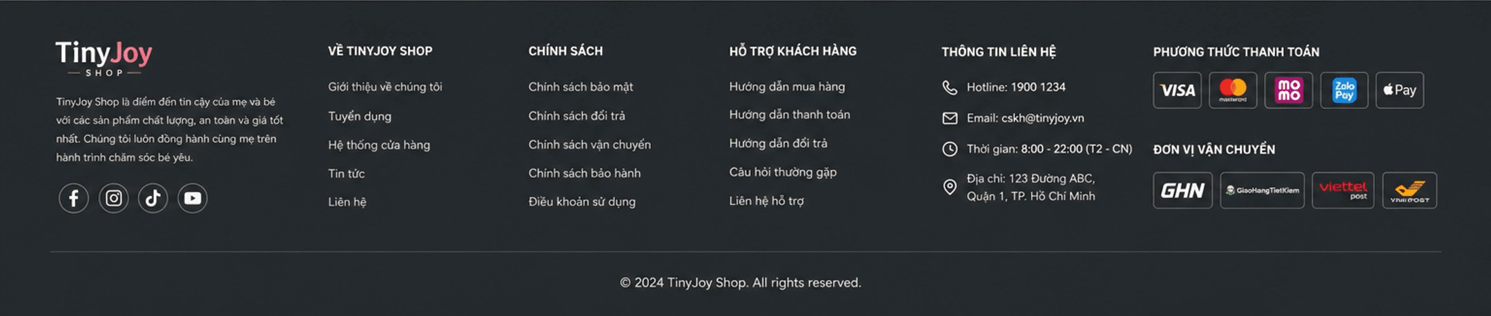 TinyJoy Shop – chân trang: giới thiệu, chính sách, hỗ trợ khách hàng, thông tin liên hệ, phương thức thanh toán, đơn vị vận chuyển