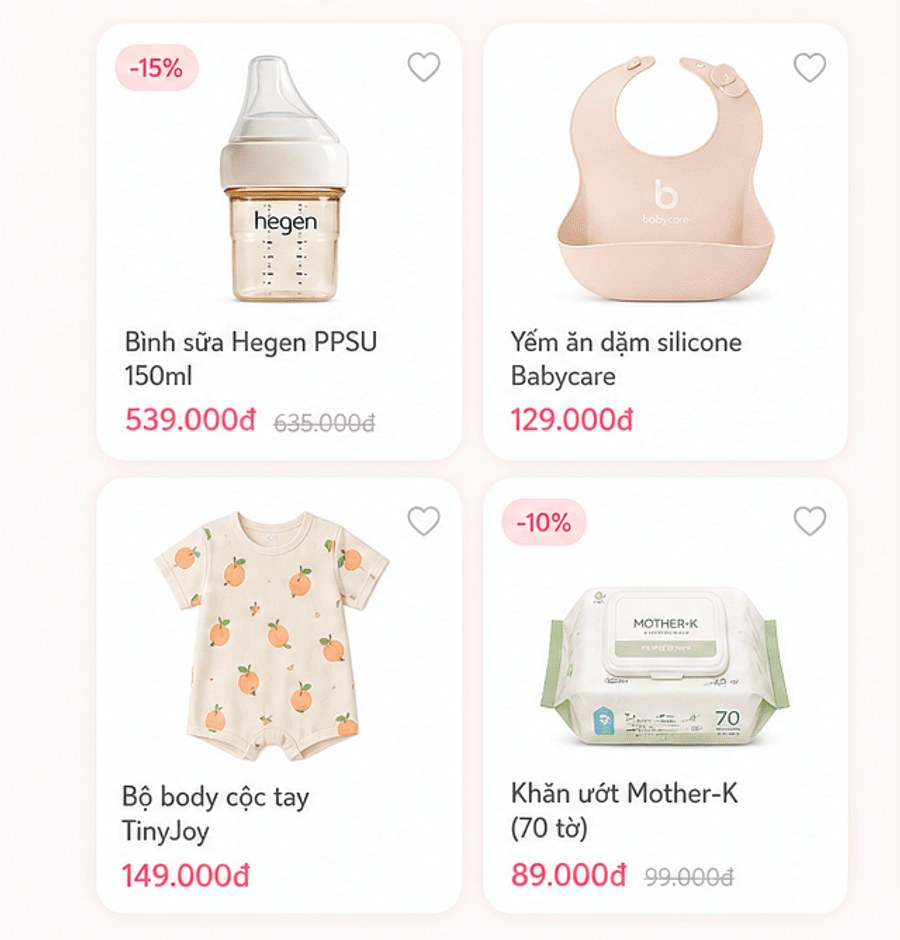 Bốn sản phẩm nổi bật: bình sữa Hegen, yếm ăn dặm Babycare, body cộc tay TinyJoy, khăn ướt Mother-K