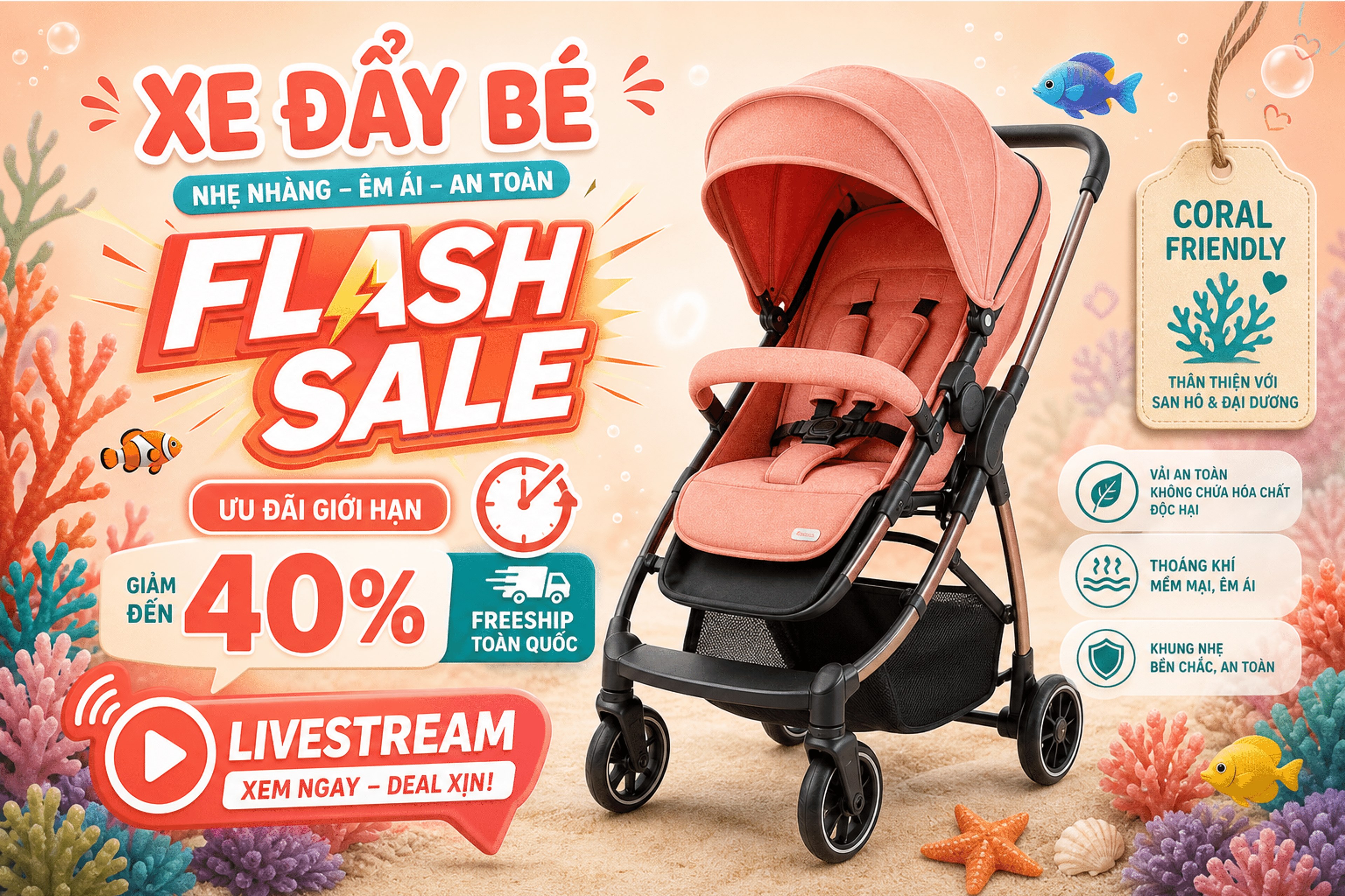 Xe đẩy bé nhẹ nhàng – êm ái – an toàn. Flash sale ưu đãi giới hạn, giảm đến 40%, freeship toàn quốc. Livestream xem ngay – deal xịn. Coral friendly, vải an toàn, thoáng khí, khung nhẹ