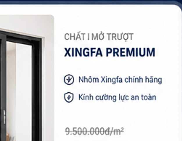 Cửa mở trượt Xingfa Premium – -20%; nhôm Xingfa chính hãng; kính cường lực an toàn