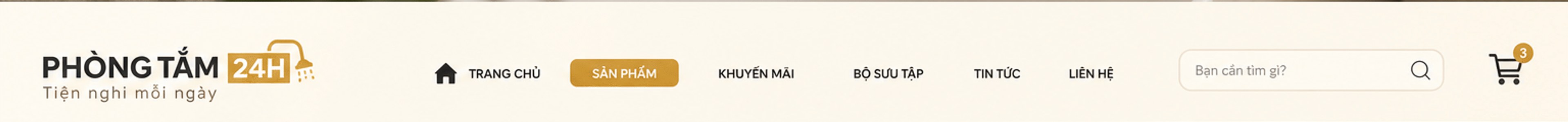 Phòng Tắm 24H – Tiện nghi mỗi ngày: Trang chủ, Sản phẩm, Khuyến mãi, Bộ sưu tập, Tin tức, Liên hệ; ô tìm kiếm, giỏ hàng