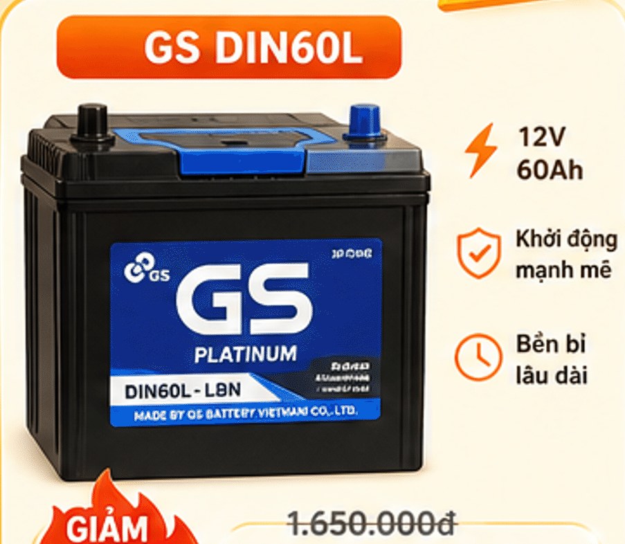 GS DIN60L 12V 60Ah – khởi động mạnh mẽ, bền bỉ lâu dài