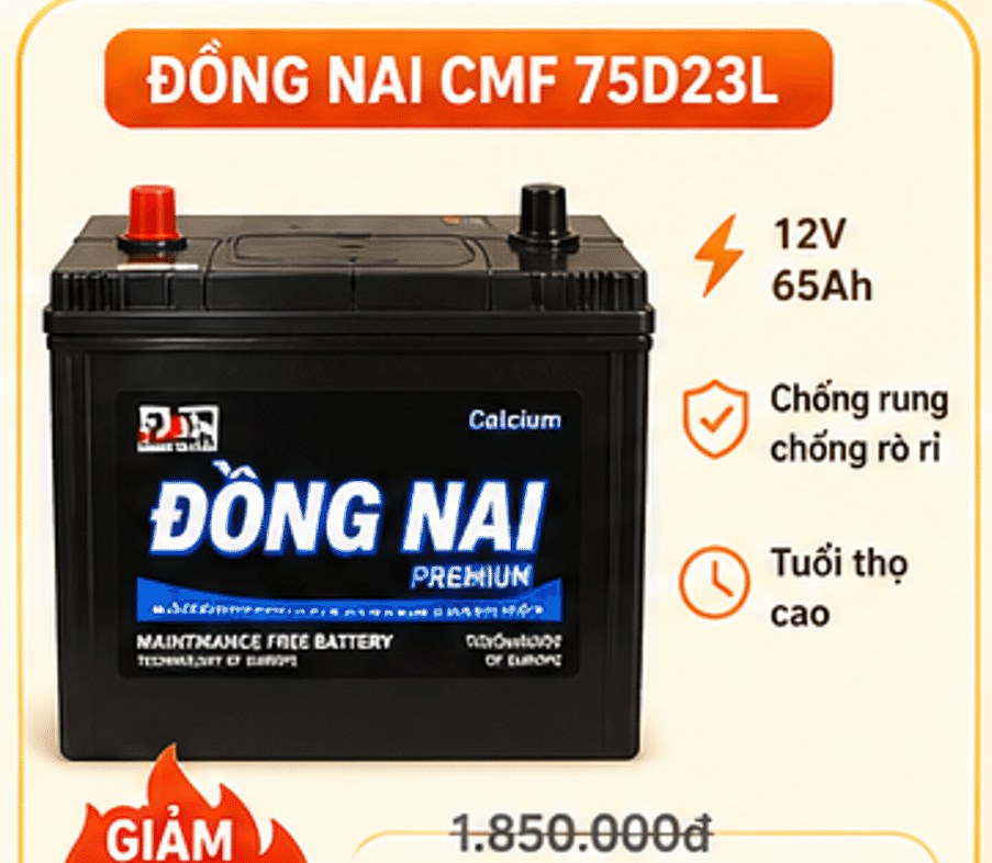 Đồng Nai CMF 75D23L 12V 65Ah – chống rung chống rò rỉ, tuổi thọ cao