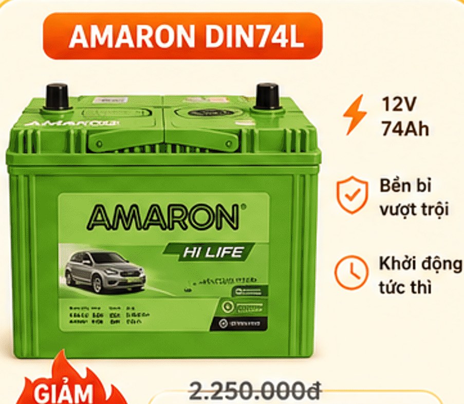 Amaron DIN74L 12V 74Ah – bền bỉ vượt trội, khởi động tức thì