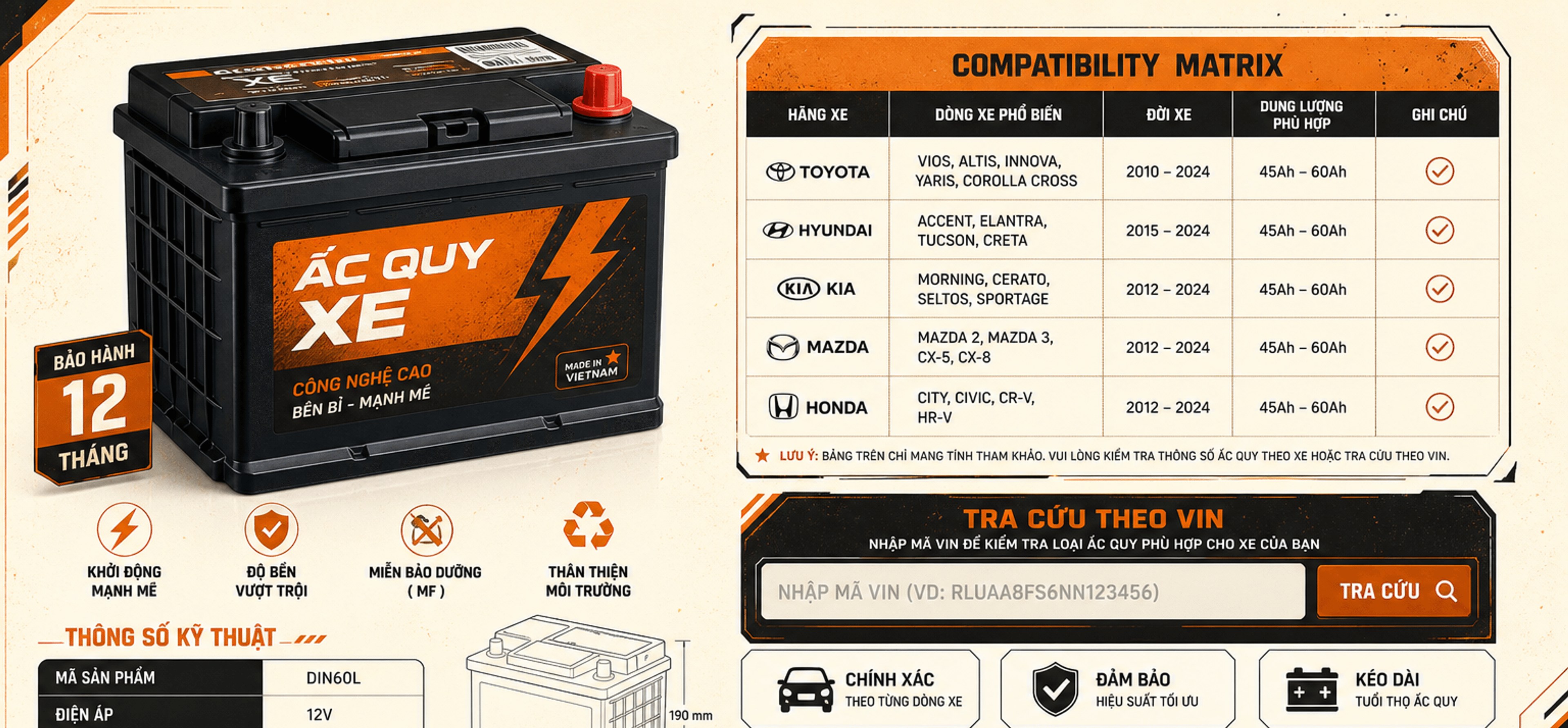 Ắc quy xe DIN60L – bảo hành 12 tháng, khởi động mạnh mẽ, độ bền vượt trội, miễn bảo dưỡng, thân thiện môi trường; bảng tương thích Toyota, Hyundai, Kia, Mazda, Honda; tra cứu theo VIN; thông số kỹ thuật 12V 60Ah 540A