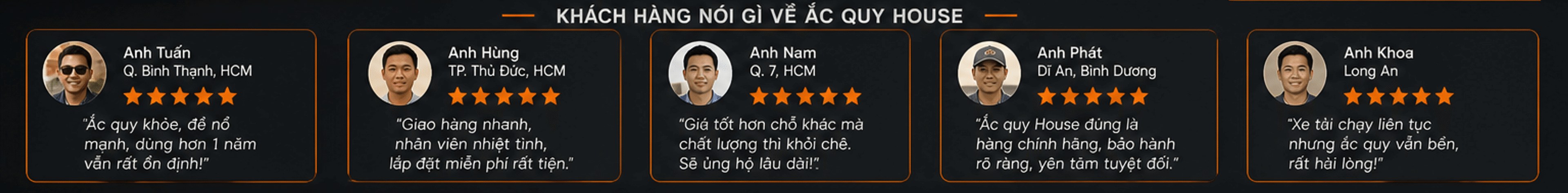 Khách hàng nói gì về Ắc Quy House – đánh giá 5 sao từ Anh Tuấn, Anh Hùng, Anh Nam, Anh Phát, Anh Khoa