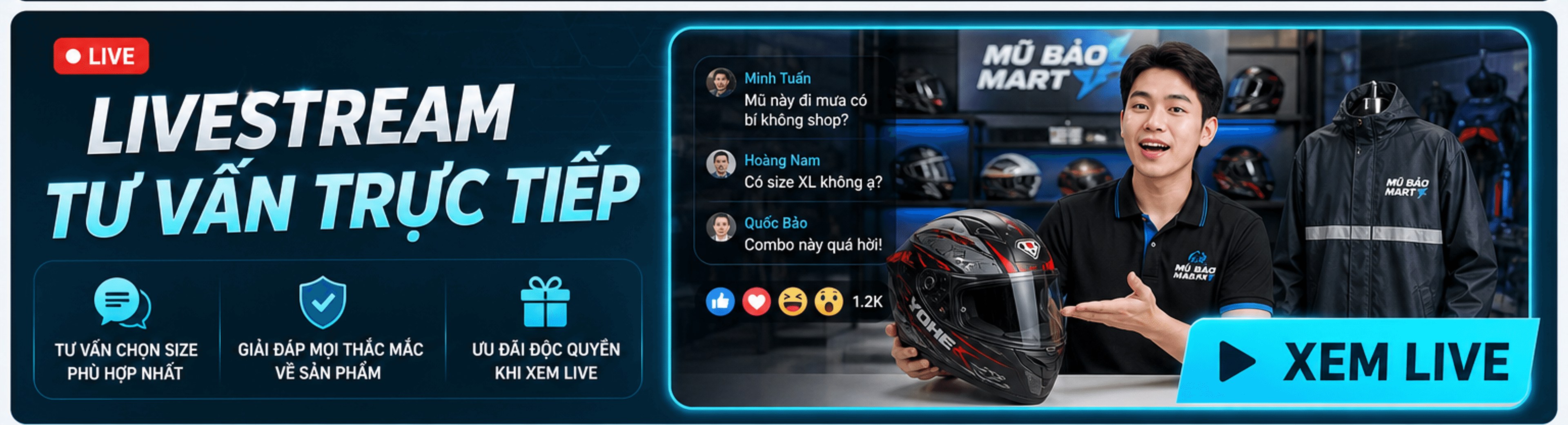 Livestream tư vấn trực tiếp: tư vấn chọn size, giải đáp thắc mắc, ưu đãi độc quyền khi xem live – Xem live