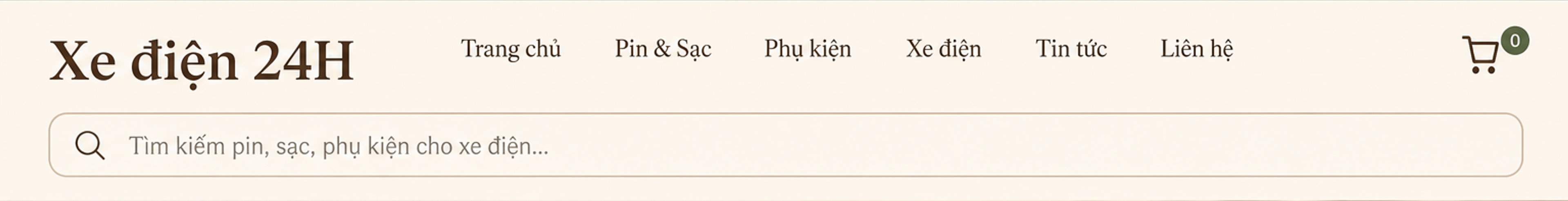 Xe điện 24H – đầu trang, menu và ô tìm kiếm