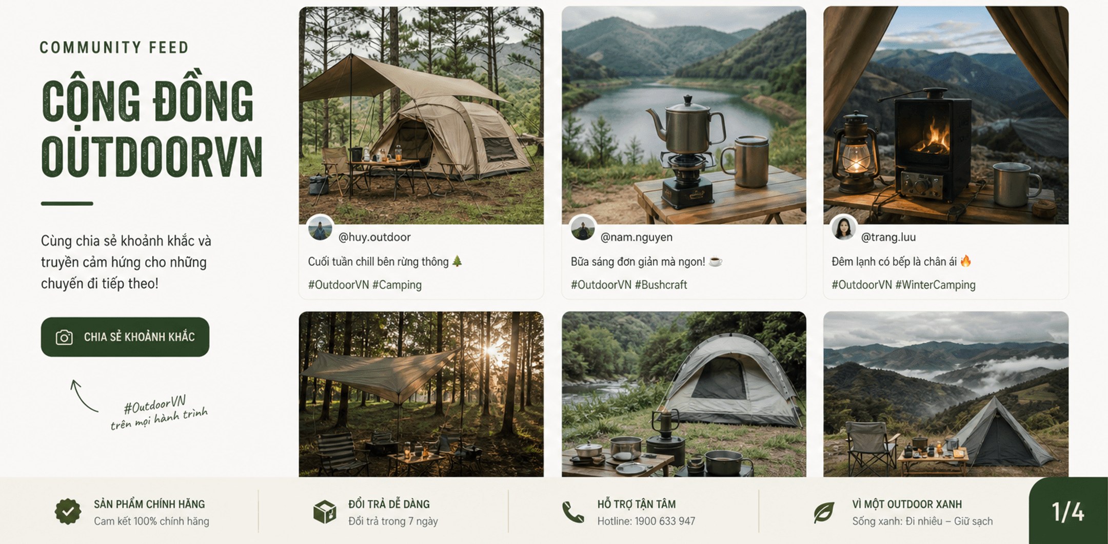 Community feed – Cộng đồng OutdoorVN: chia sẻ khoảnh khắc cắm trại cùng #OutdoorVN; nút Chia sẻ khoảnh khắc. Sản phẩm chính hãng; đổi trả 7 ngày; hỗ trợ tận tâm hotline 1900 633 947; vì một outdoor xanh