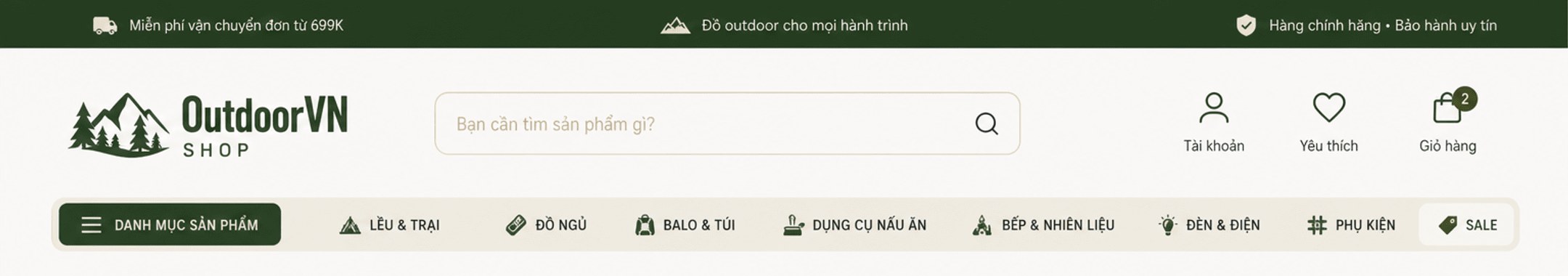 Miễn phí vận chuyển đơn từ 699K; hàng chính hãng, bảo hành uy tín. OutdoorVN Shop – tìm sản phẩm, tài khoản, yêu thích, giỏ hàng; menu: Lều & trại, Đồ ngủ, Balo & túi, Dụng cụ nấu ăn, Bếp & nhiên liệu, Đèn & điện, Phụ kiện, Sale