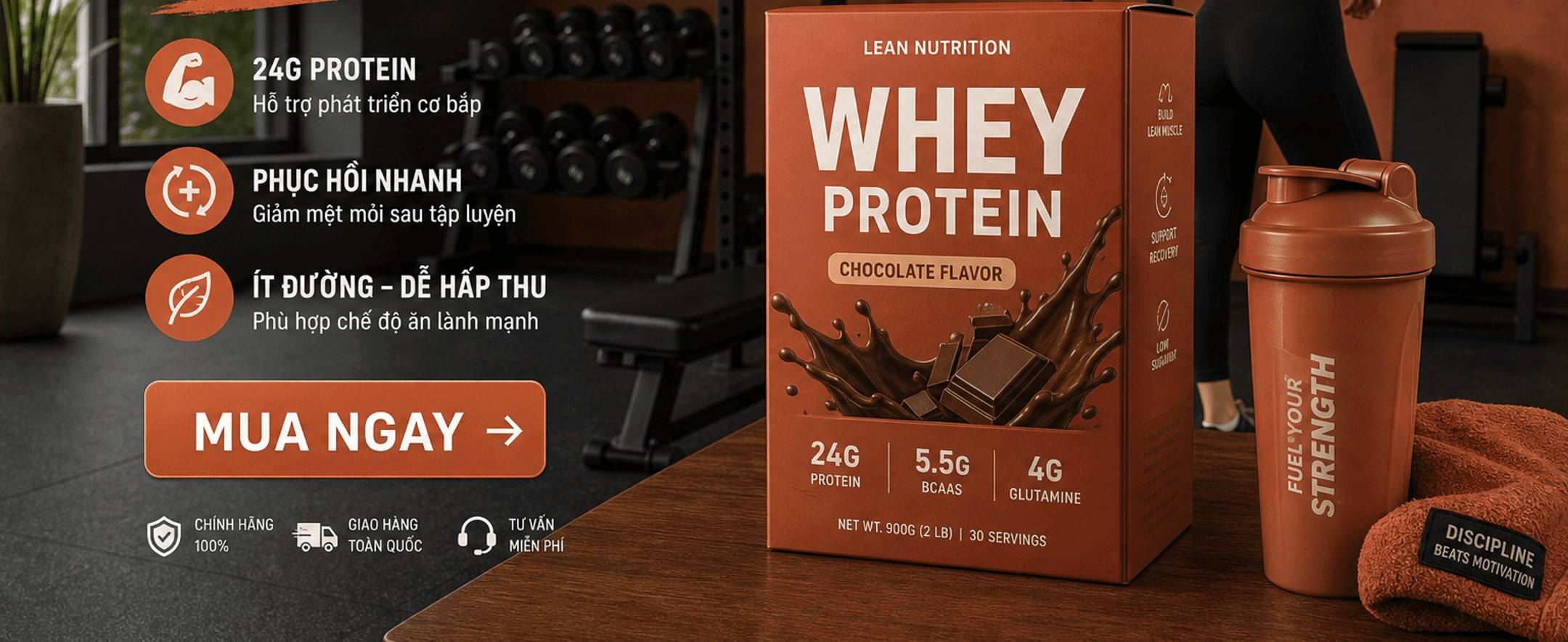 Whey Protein vị chocolate: 24G protein, phục hồi nhanh, ít đường dễ hấp thu; nút Mua ngay; chính hãng 100%, giao hàng toàn quốc, tư vấn miễn phí