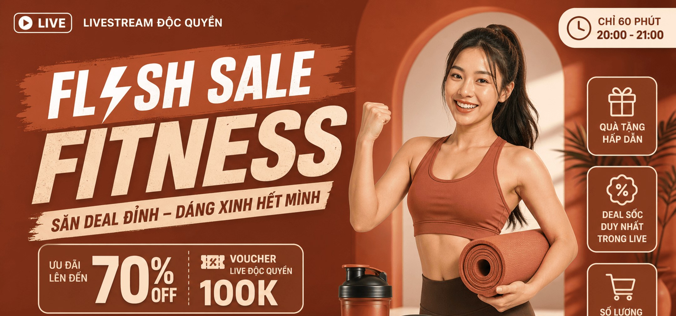 Livestream độc quyền – Flash Sale Fitness, ưu đãi lên đến 70% OFF, voucher live 100K, chỉ 60 phút 20:00-21:00