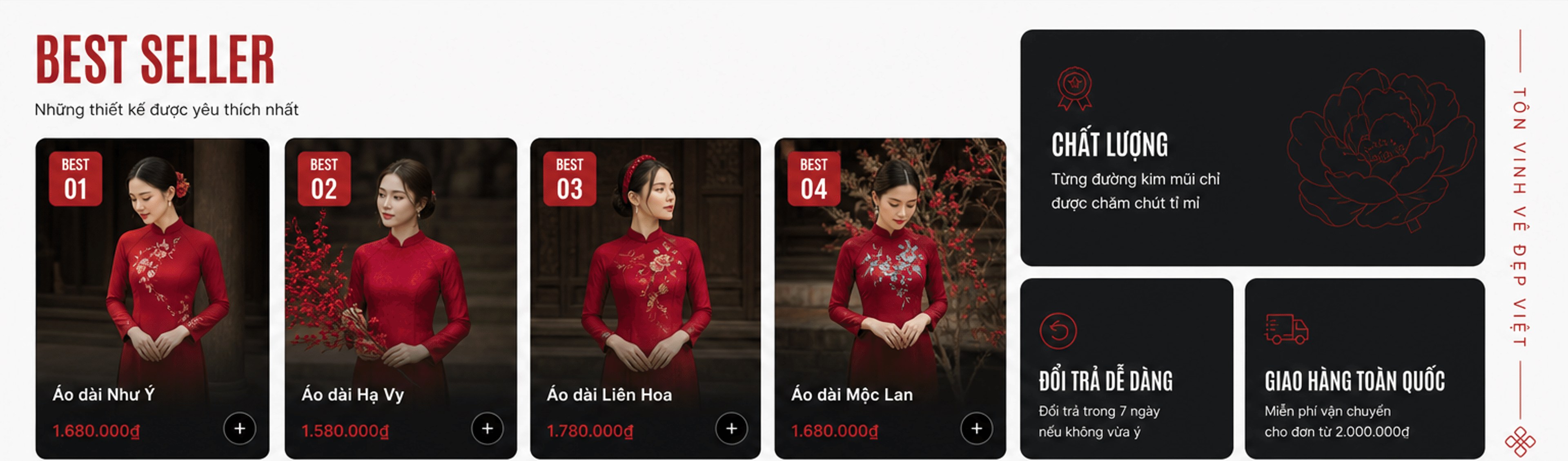 Best seller: Áo dài Như Ý 1.680.000đ, Hạ Vy 1.580.000đ, Liên Hoa 1.780.000đ, Mộc Lan 1.680.000đ; chất lượng, đổi trả, giao hàng toàn quốc
