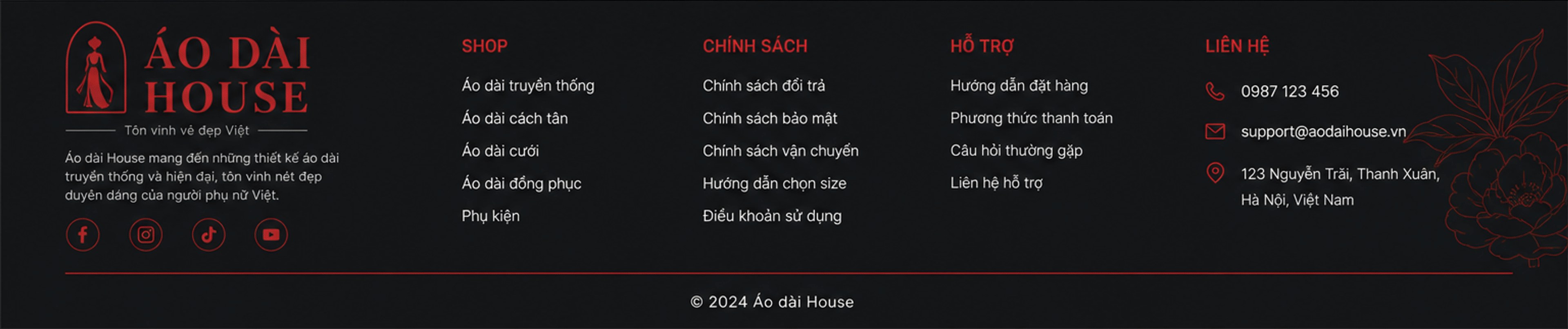 Áo dài House – chân trang: Shop, Chính sách, Hỗ trợ, Liên hệ