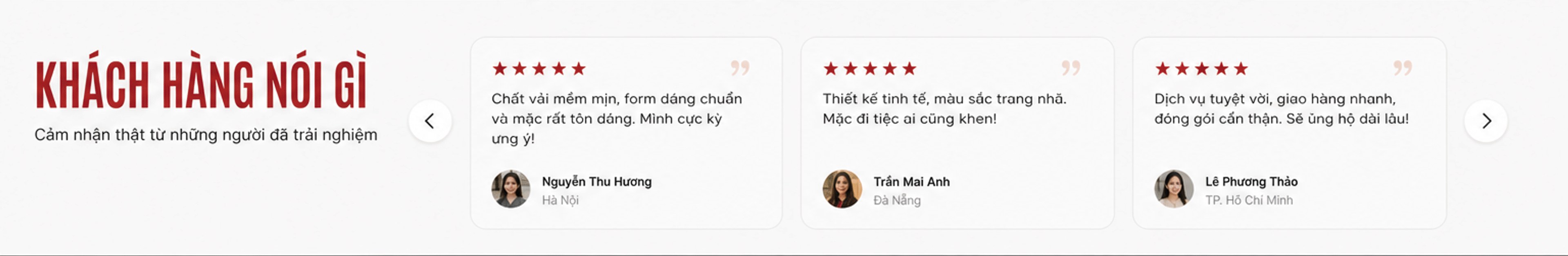 Khách hàng nói gì: đánh giá 5 sao của Nguyễn Thu Hương, Trần Mai Anh, Lê Phương Thảo