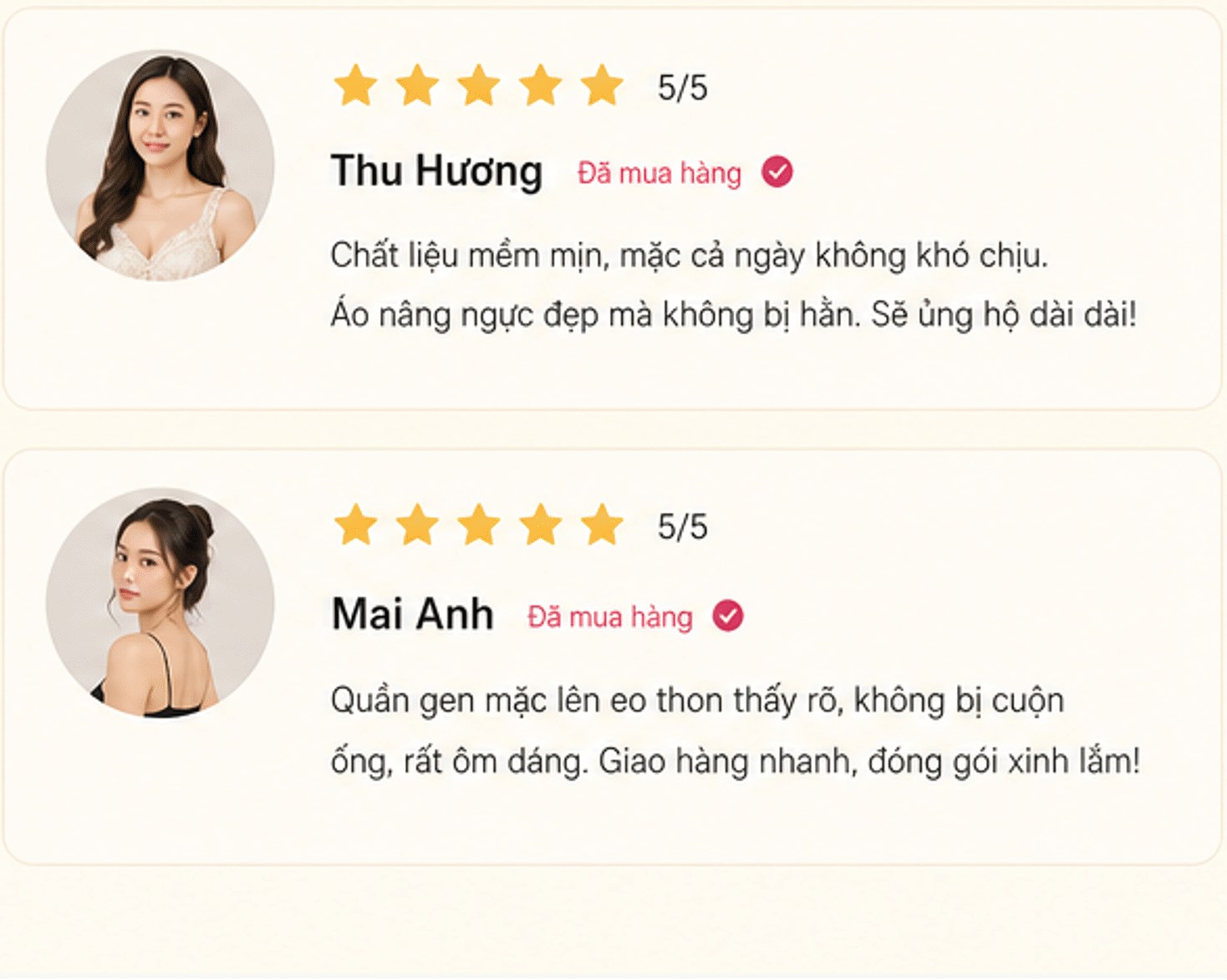 Khách hàng nói gì: Thu Hương 5/5 và Mai Anh 5/5 – đã mua hàng, chất liệu mềm mịn, ôm dáng, giao hàng nhanh