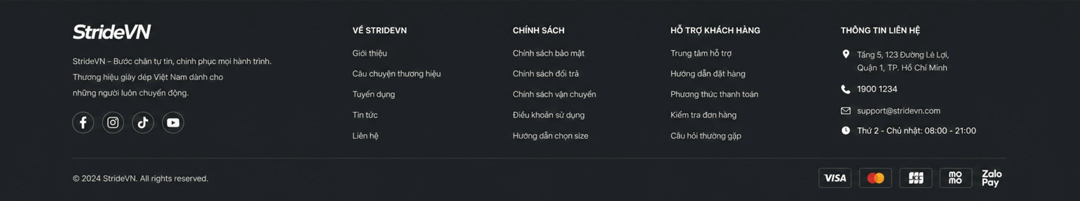 StrideVN – chân trang: về StrideVN, chính sách, hỗ trợ khách hàng, thông tin liên hệ, phương thức thanh toán