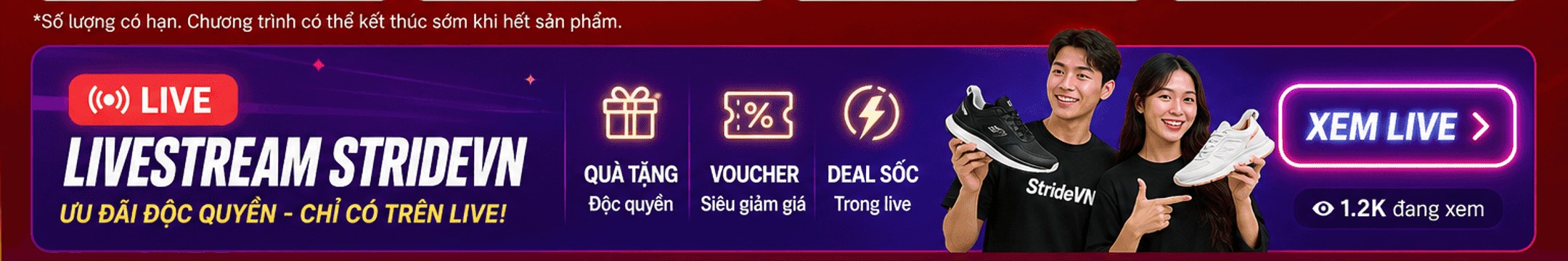 Số lượng có hạn, chương trình có thể kết thúc sớm; Livestream StrideVN ưu đãi độc quyền – quà tặng, voucher, deal sốc; nút Xem live