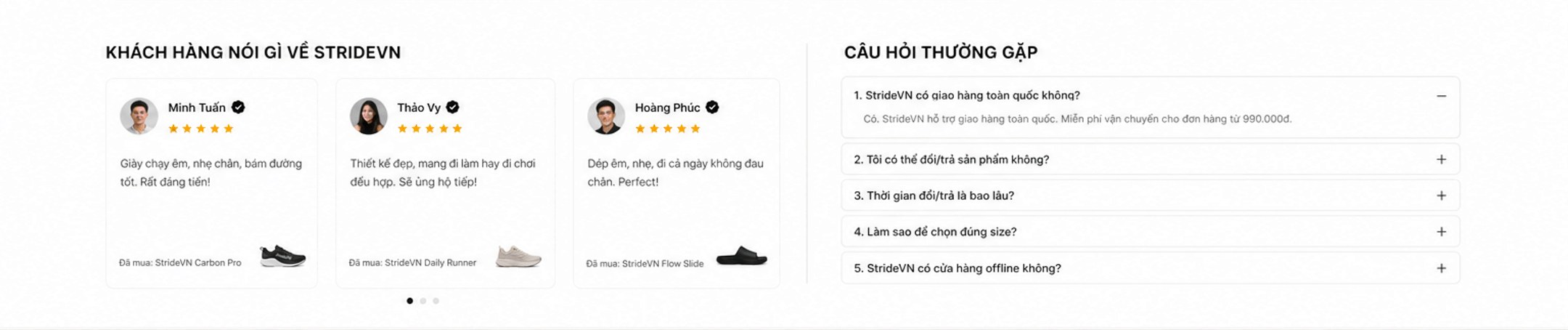 Khách hàng nói gì về StrideVN – Minh Tuấn, Thảo Vy, Hoàng Phúc; câu hỏi thường gặp về giao hàng, đổi trả, chọn size, cửa hàng