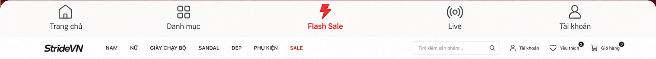 Thanh điều hướng: Trang chủ, Danh mục, Flash Sale, Live, Tài khoản; menu StrideVN