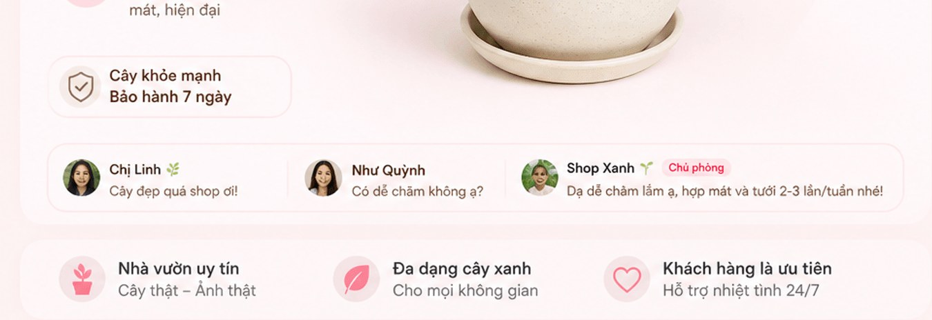 Cây khỏe mạnh bảo hành 7 ngày; bình luận Chị Linh, Như Quỳnh, Shop Xanh; Nhà vườn uy tín, Đa dạng cây xanh, Khách hàng là ưu tiên