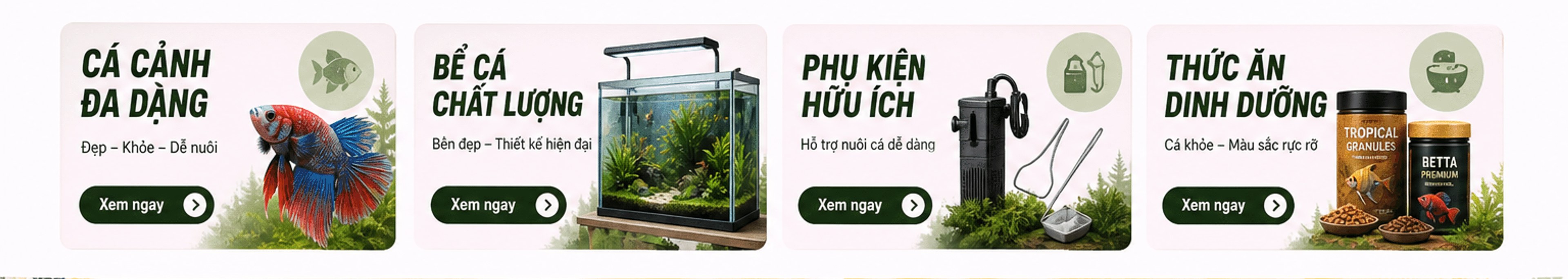 Bốn danh mục: Cá cảnh đa dạng, Bể cá chất lượng, Phụ kiện hữu ích, Thức ăn dinh dưỡng – nút Xem ngay