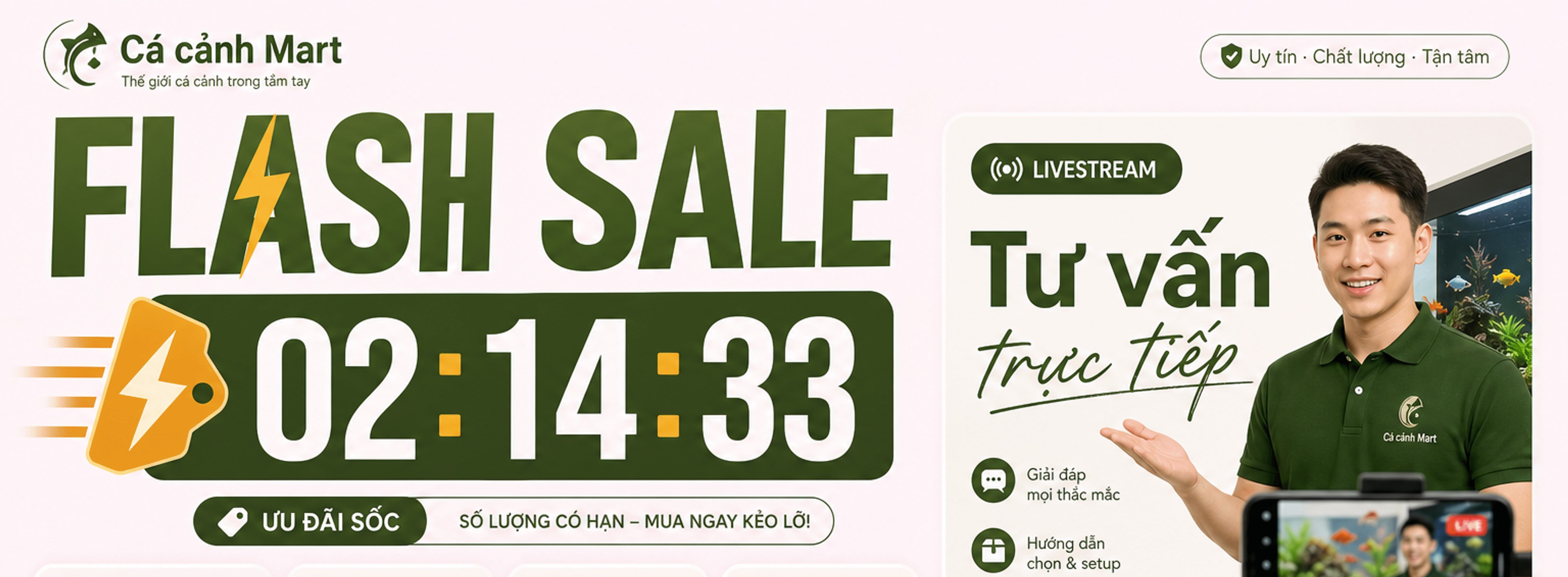 Flash Sale đếm ngược 02:14:33; ưu đãi sốc số lượng có hạn; Livestream tư vấn trực tiếp, giải đáp thắc mắc, hướng dẫn chọn và setup