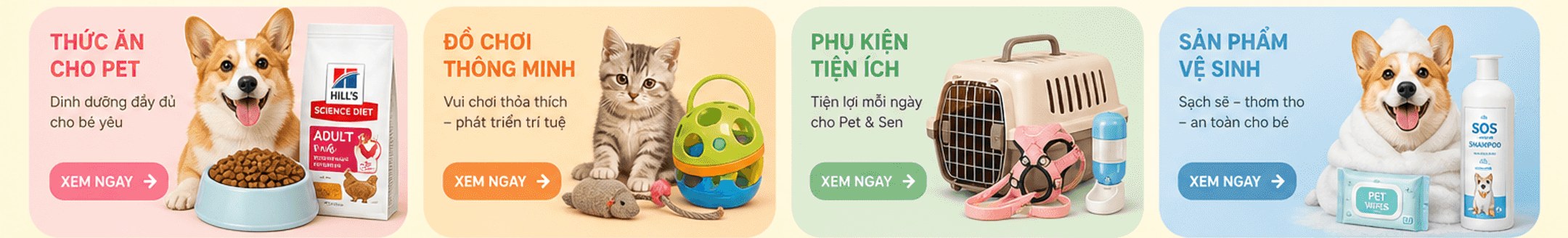 Bốn danh mục: thức ăn cho pet, đồ chơi thông minh, phụ kiện tiện ích, sản phẩm vệ sinh