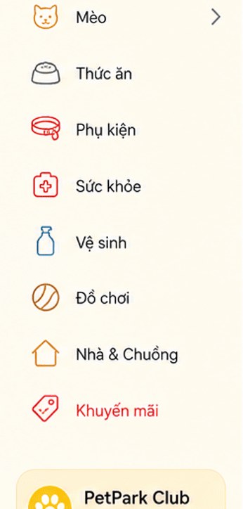 Menu danh mục sản phẩm và PetPark Club