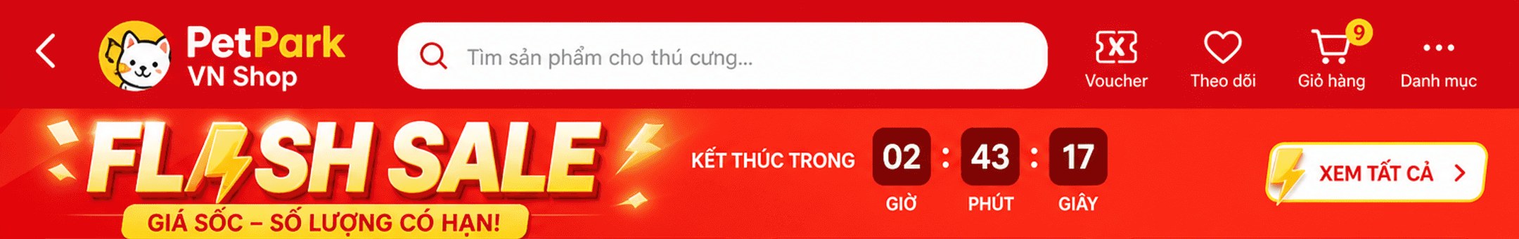Header đỏ PetPark VN Shop; banner Flash Sale giá sốc số lượng có hạn, kết thúc trong 02:43:17, xem tất cả