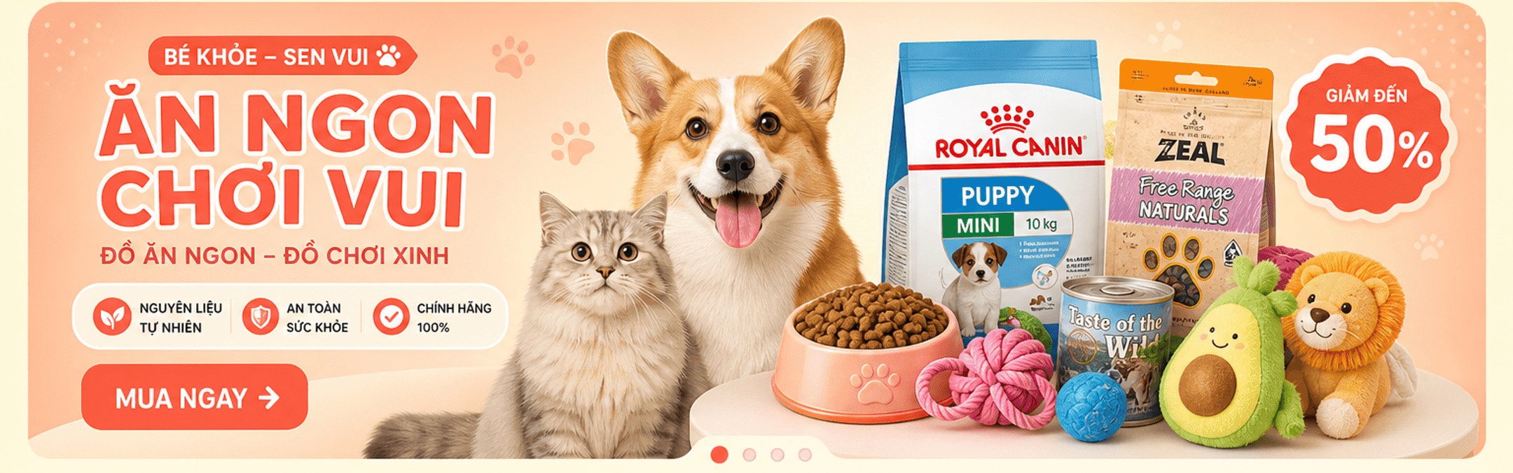Banner Ăn ngon chơi vui, đồ ăn ngon đồ chơi xinh, giảm đến 50%, nút Mua ngay