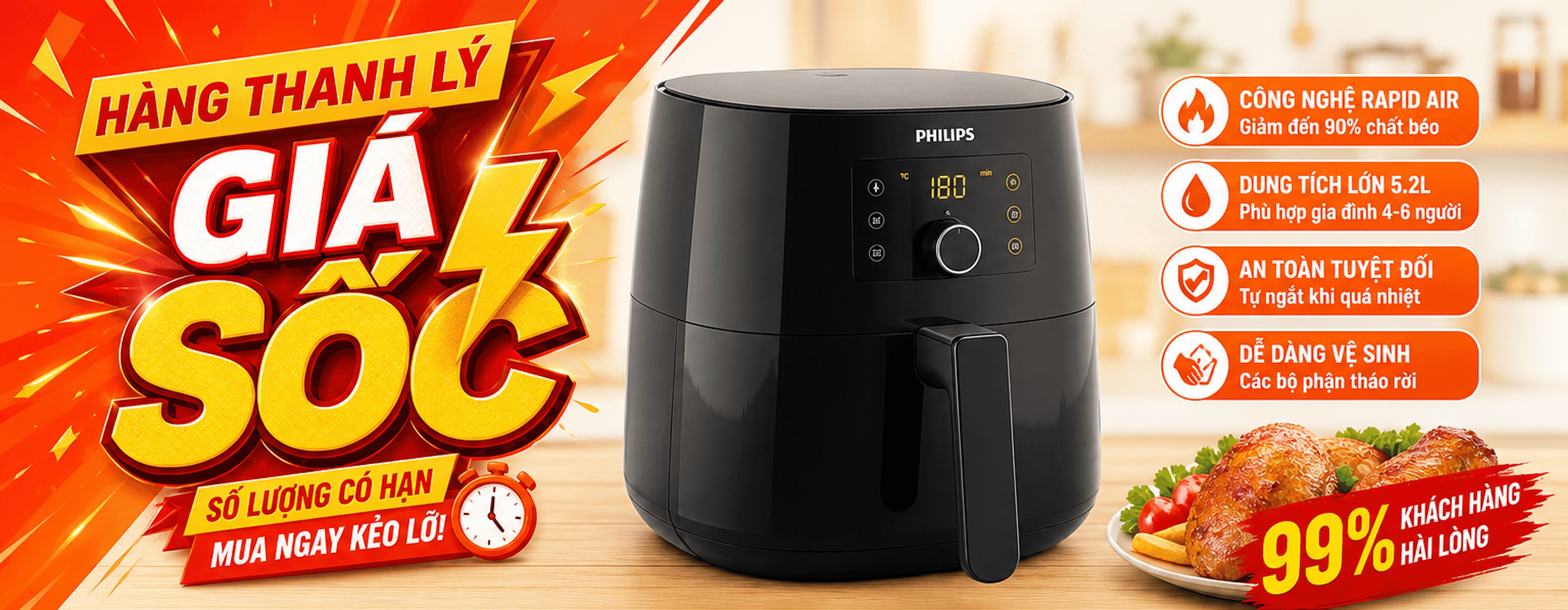 Hàng thanh lý giá sốc – nồi chiên không dầu Philips; công nghệ Rapid Air giảm đến 90% chất béo; dung tích lớn 5.2L; an toàn tuyệt đối; dễ dàng vệ sinh; 99% khách hàng hài lòng; số lượng có hạn mua ngay kẻo lỡ