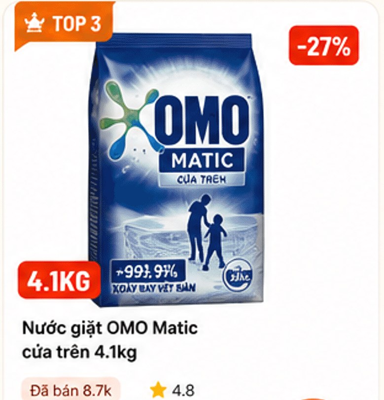 Nước giặt OMO Matic cửa trên 4.1kg – TOP 3, giảm 27%; đã bán, đánh giá 4.8-4.9 sao