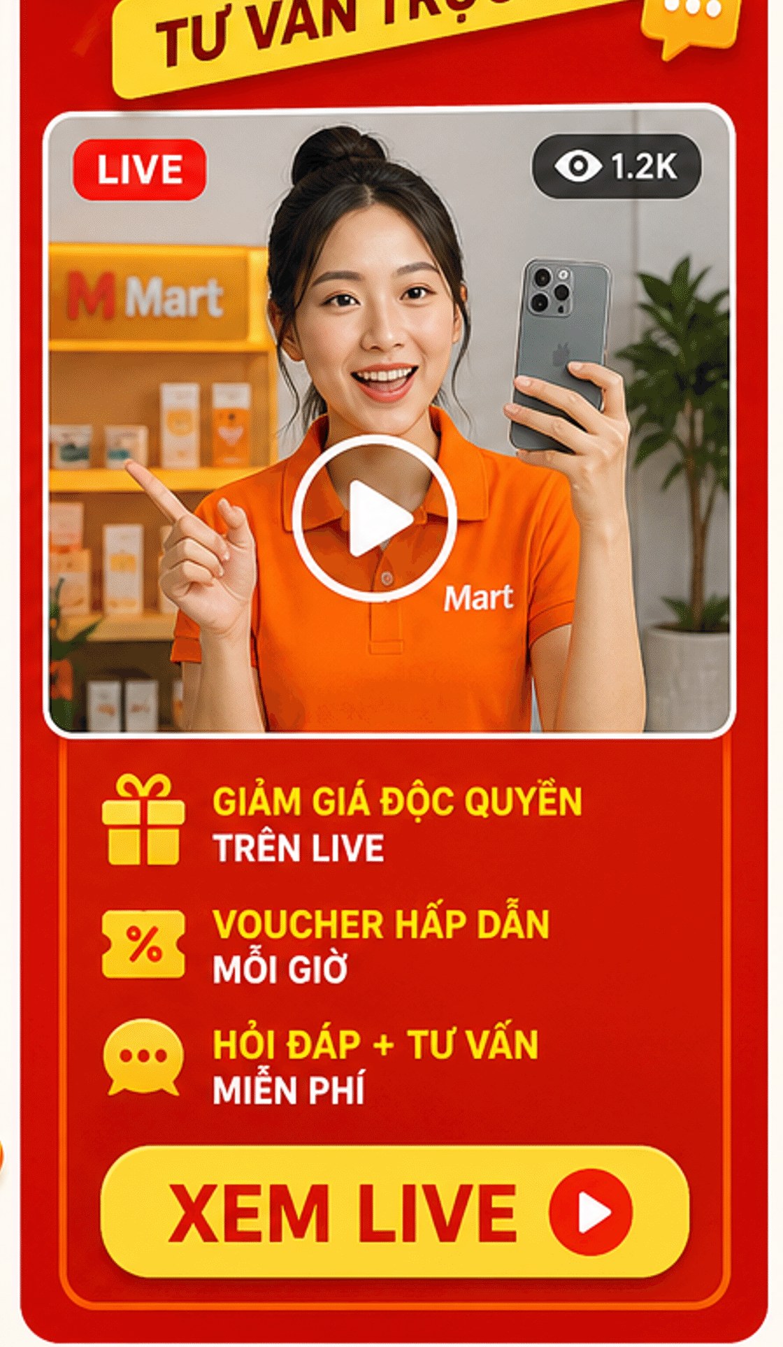 Livestream: giảm giá độc quyền trên live, voucher hấp dẫn mỗi giờ, hỏi đáp và tư vấn miễn phí, nút xem live