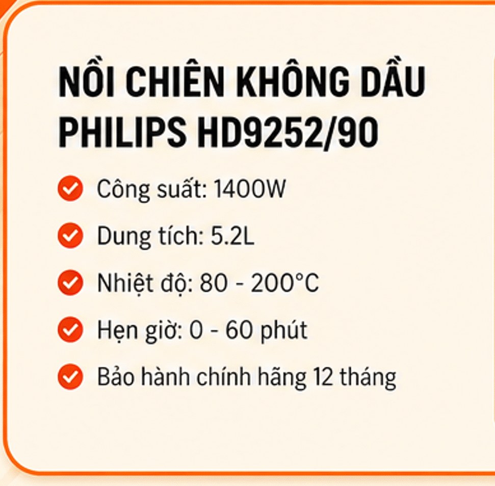 Nồi chiên không dầu Philips HD9252/90: công suất 1400W, dung tích 5.2L, nhiệt độ 80-200°C, hẹn giờ 0-60 phút, bảo hành chính hãng 12 tháng