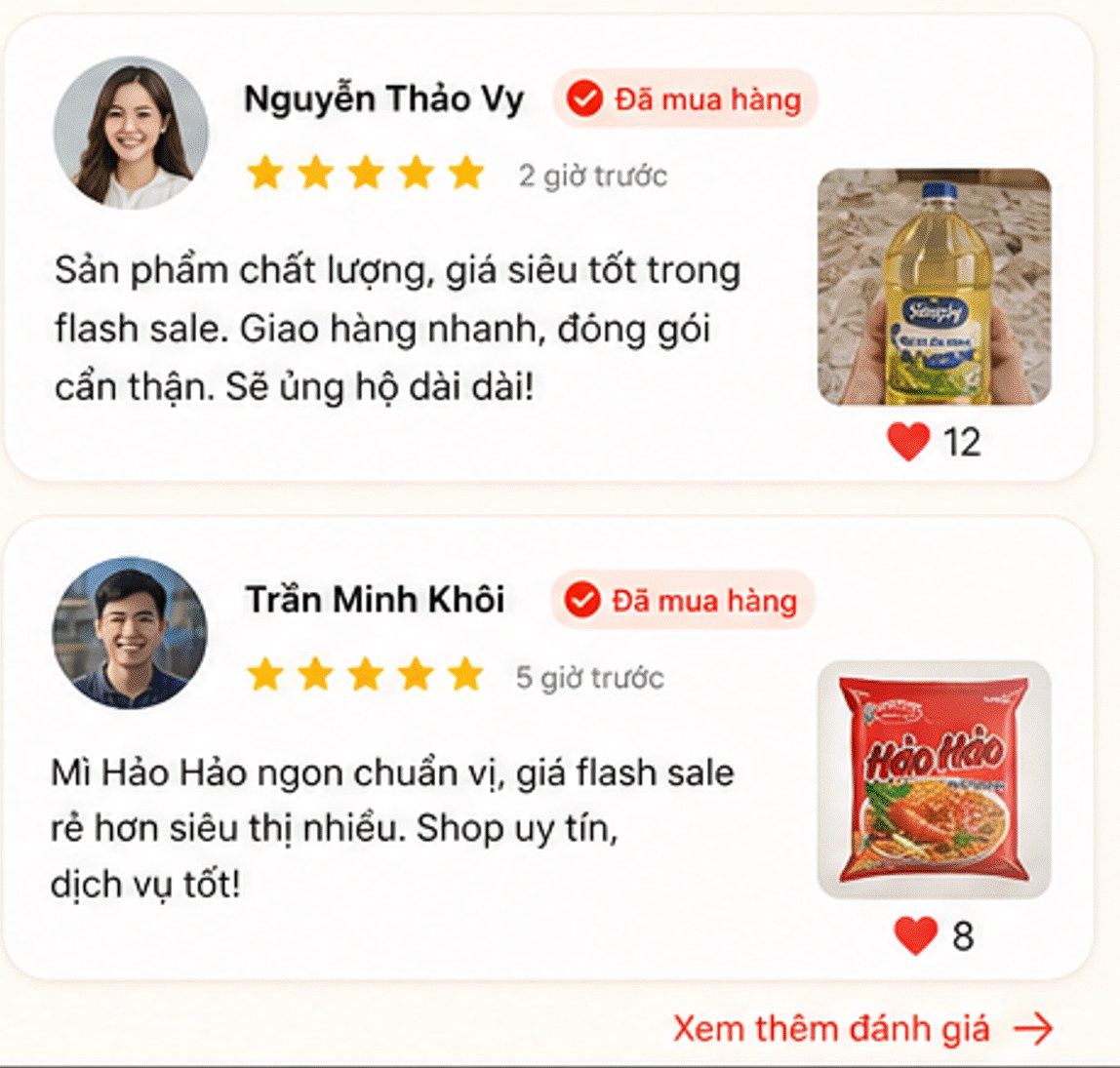 Khách hàng nói gì: Nguyễn Thảo Vy đã mua hàng, 5 sao – sản phẩm chất lượng, giá siêu tốt trong flash sale; Trần Minh Khôi đã mua hàng, 5 sao – mì Hảo Hảo ngon chuẩn vị; xem thêm đánh giá