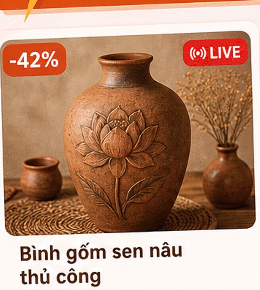 Bình gốm sen nâu thủ công, giảm 42%, nhãn LIVE